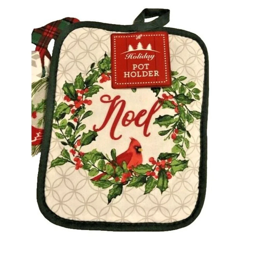 Christmas Tree Kitchen Dish Towels Potholder Oven Mitt Set of 4 Joy Noel